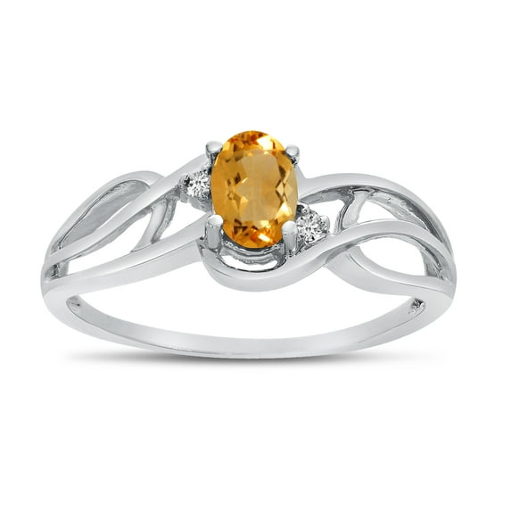 10k White Gold Oval Citrine And Diamond Curve Ring
