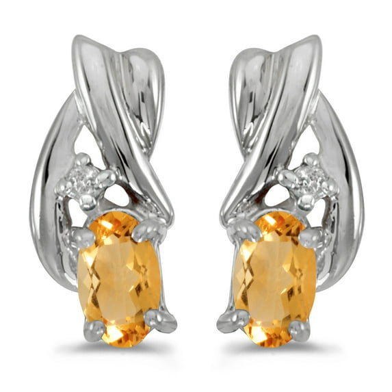 10k White Gold Oval Citrine And Diamond Earrings