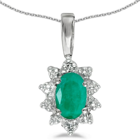 10k White Gold Oval Emerald And Diamond Pendant