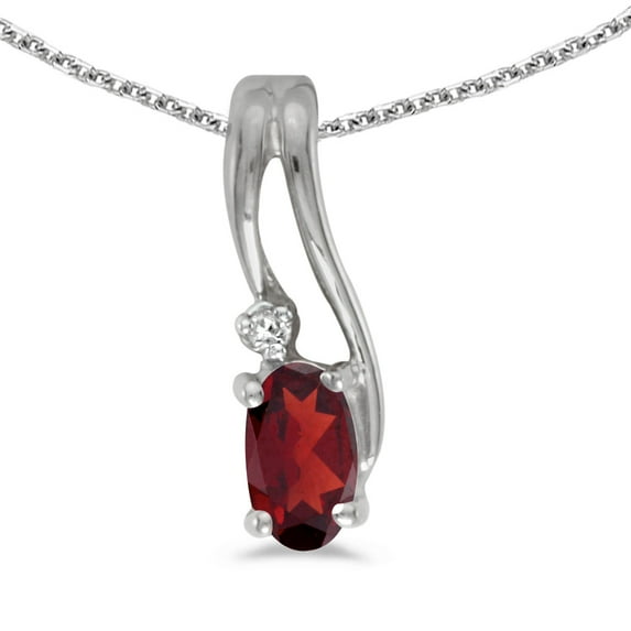 10k White Gold Oval Garnet And Diamond Wave Pendant