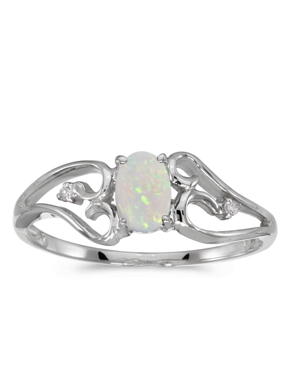 10k White Gold Oval Opal And Diamond Ring