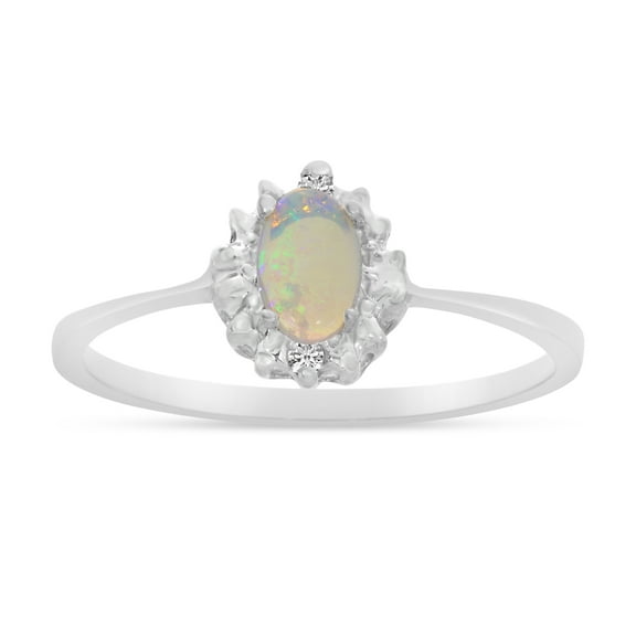10k White Gold Oval Opal And Diamond Ring
