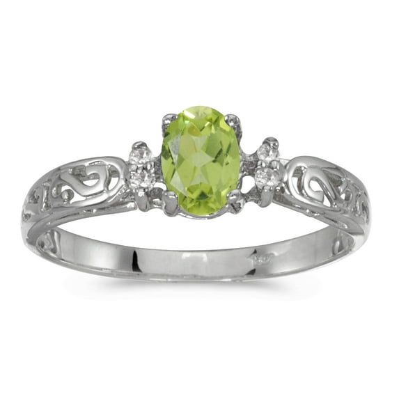 10k White Gold Oval Peridot And Diamond Ring