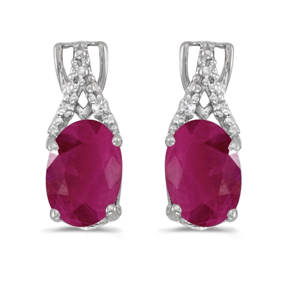 10k White Gold Oval Ruby And Diamond Earrings
