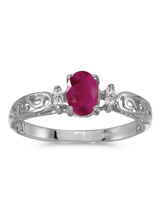 10k White Gold Oval Ruby And Diamond Ring