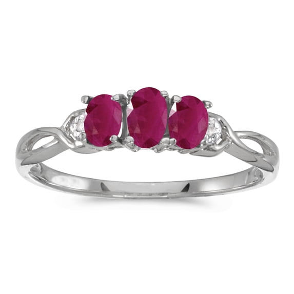 10k White Gold Oval Ruby And Diamond Three Stone Ring