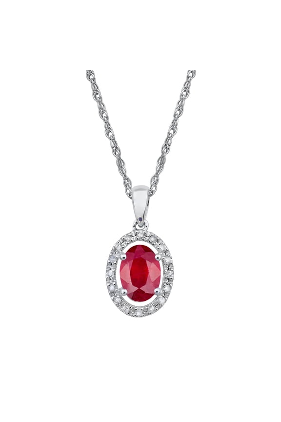 10k White Gold Oval Ruby and Diamond Halo Necklace