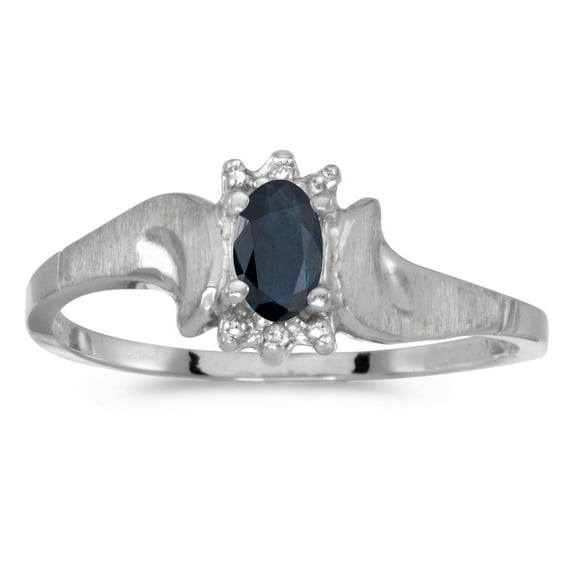 10k White Gold Oval Sapphire And Diamond Satin Finish Ring
