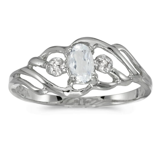 10k White Gold Oval White Topaz And Diamond Ring