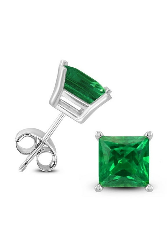 10k White Gold Over Sterling Silver 2  Carat Princess Created Emerald Stud Earrings