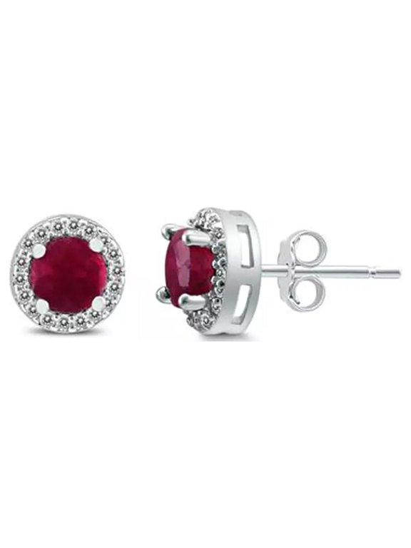 10k White Gold Plated 1/2 Ct Round Created Ruby Halo Stud Earrings