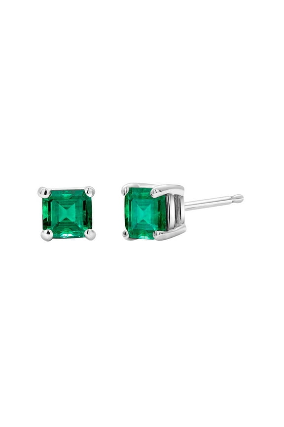 Square Green Emerald Stud Earrings, 0.5 Ct, 18k White Gold Plated