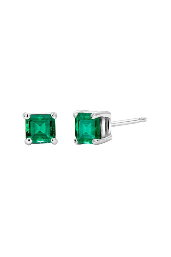 10k White Gold Plated 1 Ct Square Created Emerald Stud Earrings