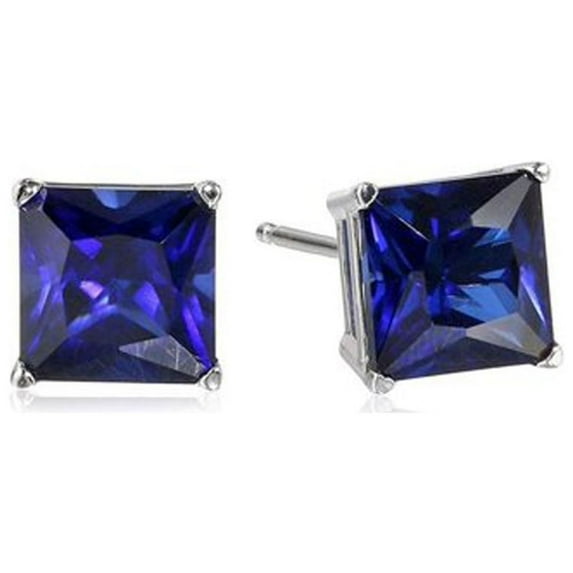 10k White Gold Plated 4 Ct Square Cut Created Blue Sapphire Stud Earrings