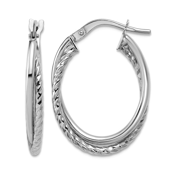 10k White Gold Polished Textured Oval Hoop Earrings 24.1x17.4mm Wide 3.4mm Thick Hoop Earring for Women