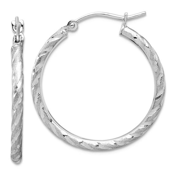 10k White Gold Polished and Satin Sparkle-Cut 2.00mm Hoop Earrings 26.5x24.9mm Wide 2mm Thick Hoop Earring for Women