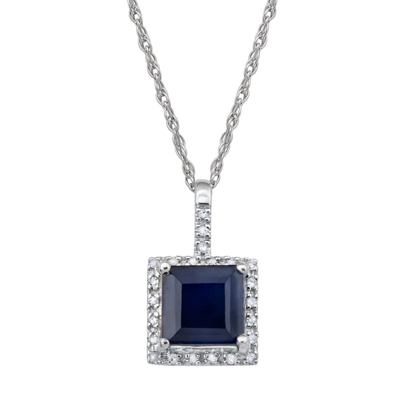 10k White Gold Princess-Cut Sapphire and Diamond Halo Pendant Necklace