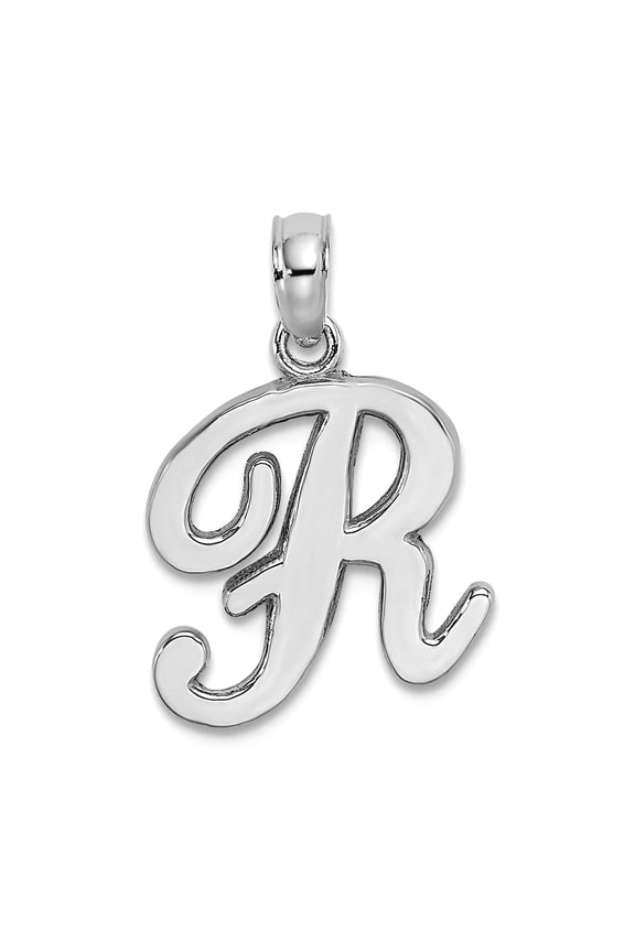 10k White Gold R Script Letter Name Personalized Monogram Initial High Polish Charm Pendant Necklace for Women