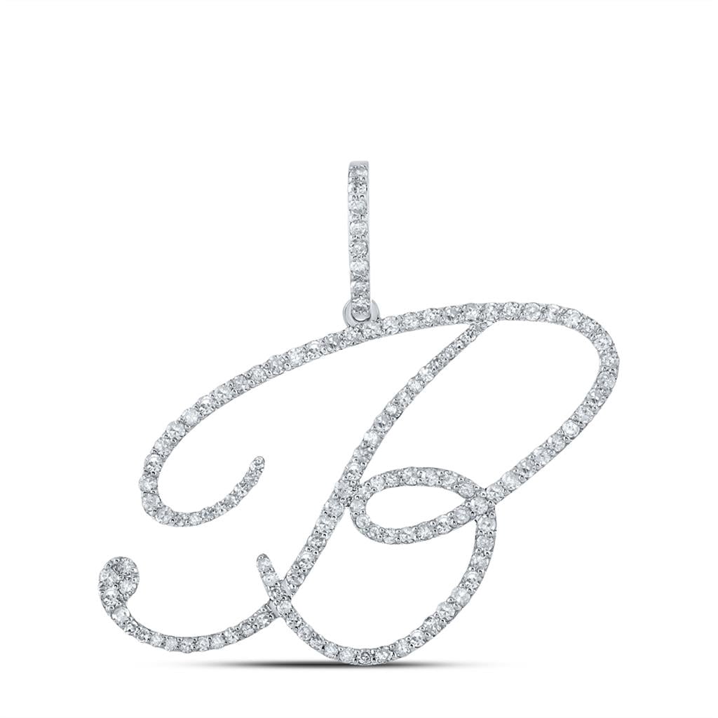 10k White Gold Real Diamond Fancy Cursive Script Font Initial B Pendant ...
