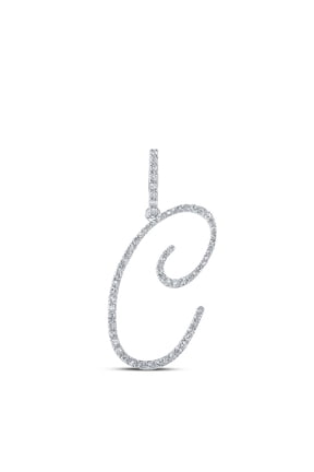 10k White Gold Real Diamond Fancy Cursive Script Font Initial C Pendant 3/8 CT
