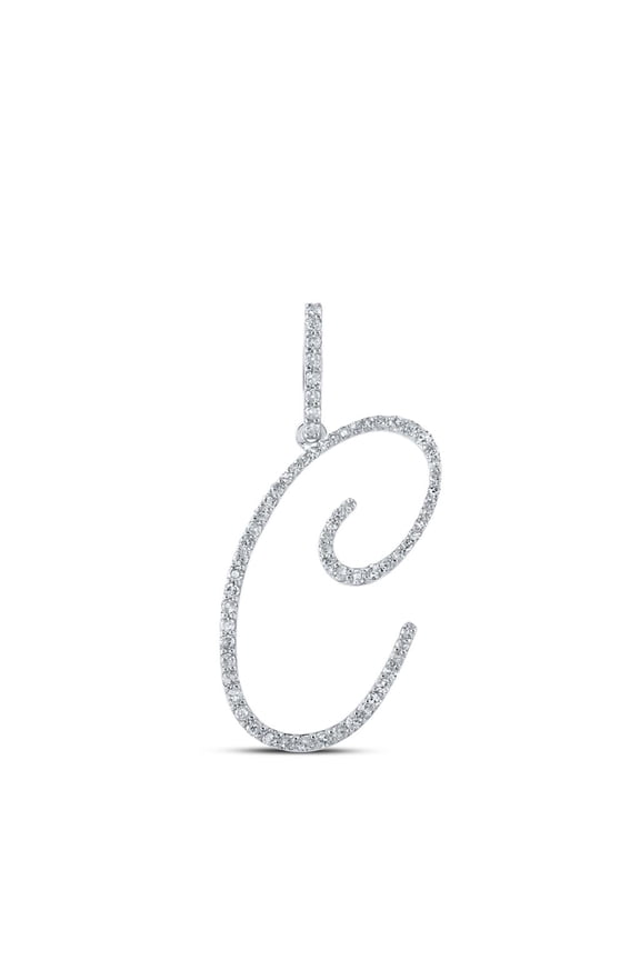 10k White Gold Real Diamond Fancy Cursive Script Font Initial C Pendant 3/8 CT