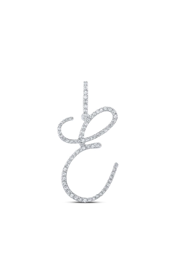 10k White Gold Real Diamond Fancy Cursive Script Font Initial E Pendant 1/2 CT