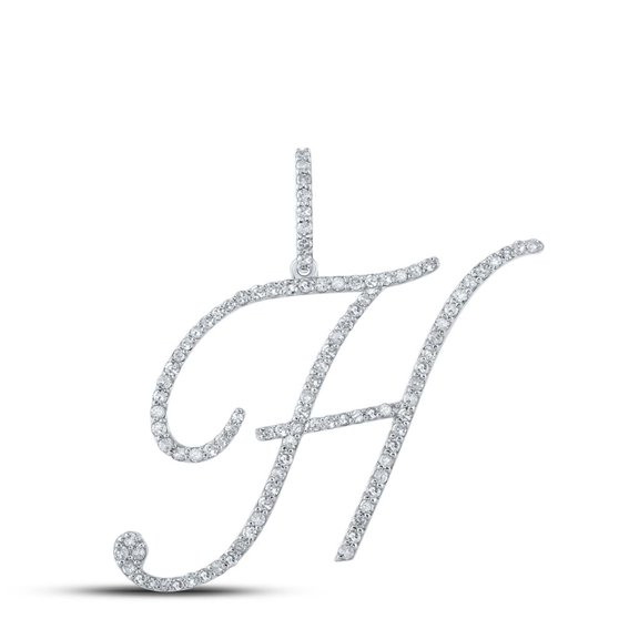 10k White Gold Real Diamond Fancy Cursive Script Font Initial H Pendant 5/8 CT