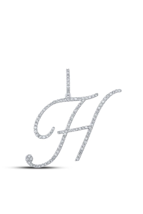 10k White Gold Real Diamond Fancy Cursive Script Font Initial H Pendant 5/8 CT