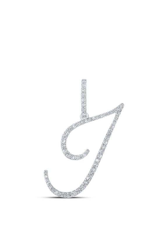 10k White Gold Real Diamond Fancy Cursive Script Font Initial I Pendant 3/8 CT
