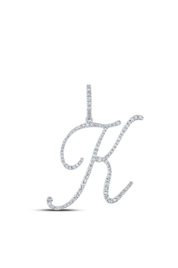 10k White Gold Real Diamond Fancy Cursive Script Font Initial K Pendant 1/2 CT