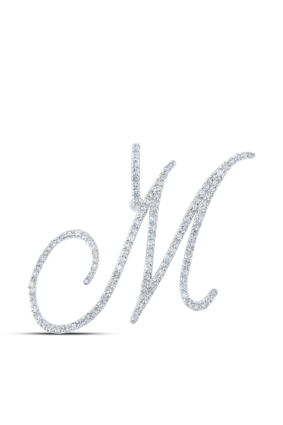 10k White Gold Real Diamond Fancy Cursive Script Font Initial M Pendant 7/8 CT