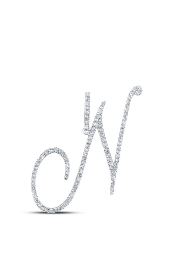 10k White Gold Real Diamond Fancy Cursive Script Font Initial N Pendant 5/8 CT