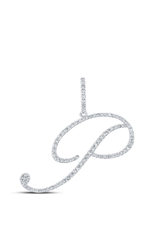 10k White Gold Real Diamond Fancy Cursive Script Font Initial P Pendant 1/2 CT