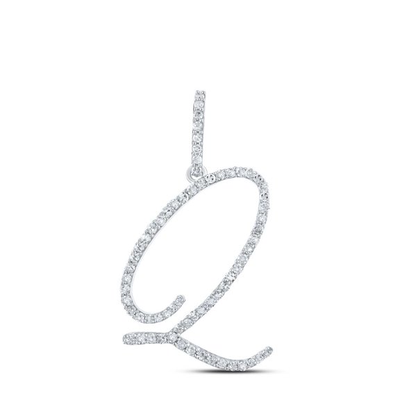 10k White Gold Real Diamond Fancy Cursive Script Font Initial Q Pendant 1/2 CT