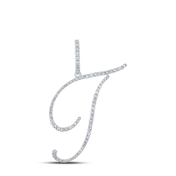 10k White Gold Real Diamond Fancy Cursive Script Font Initial T Pendant 3/8 CT