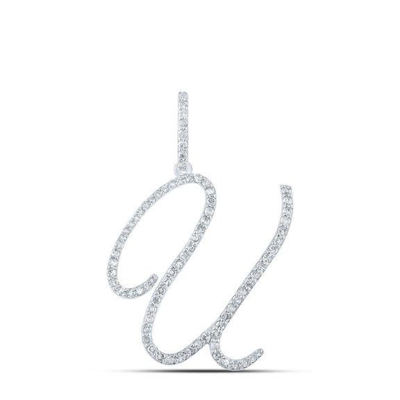10k White Gold Real Diamond Fancy Cursive Script Font Initial U Pendant 1/2 CT