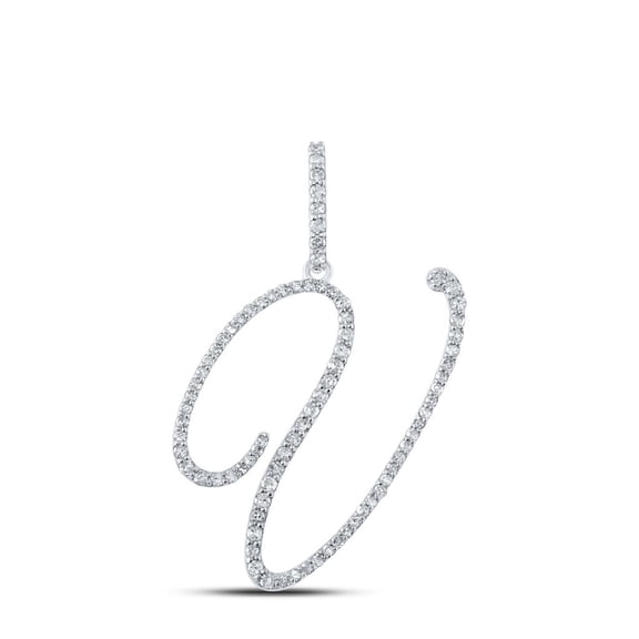 10k White Gold Real Diamond Fancy Cursive Script Font Initial V Pendant 1/2 CT
