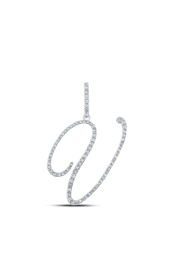 10k White Gold Real Diamond Fancy Cursive Script Font Initial V Pendant 1/2 CT