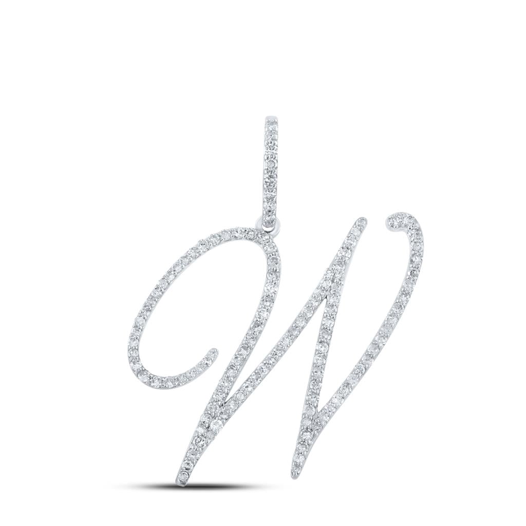 10k White Gold Real Diamond Fancy Cursive Script Font Initial W Pendant ...