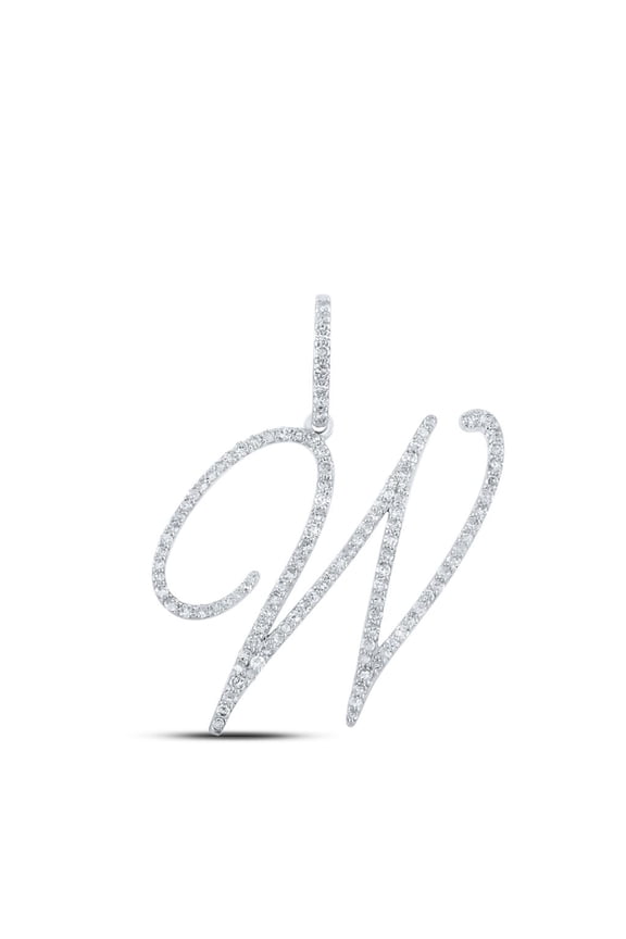 10k White Gold Real Diamond Fancy Cursive Script Font Initial W Pendant 5/8 CT