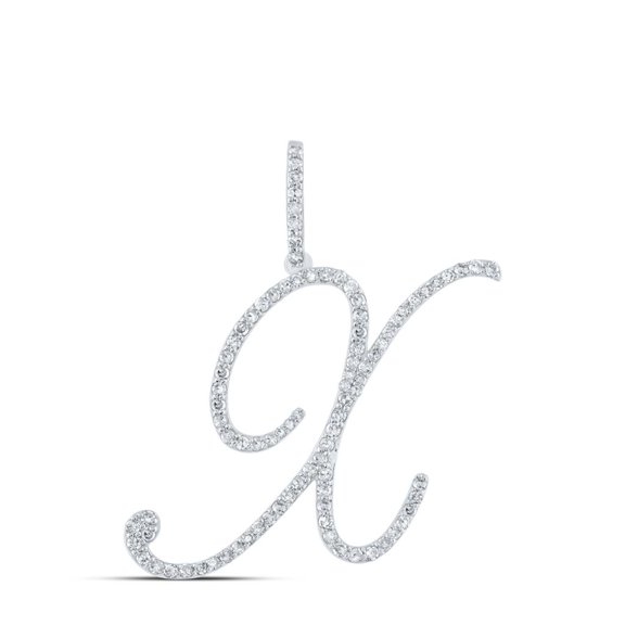 10k White Gold Real Diamond Fancy Cursive Script Font Initial X Pendant 5/8 CT