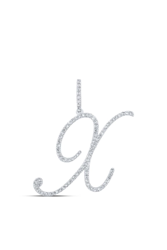 10k White Gold Real Diamond Fancy Cursive Script Font Initial X Pendant 5/8 CT