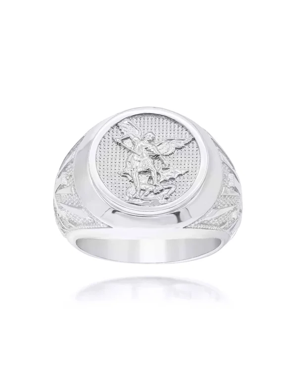 10k White Gold Religious Saint Michael Archangel Cross Beaded Signet Ring (Size 13)