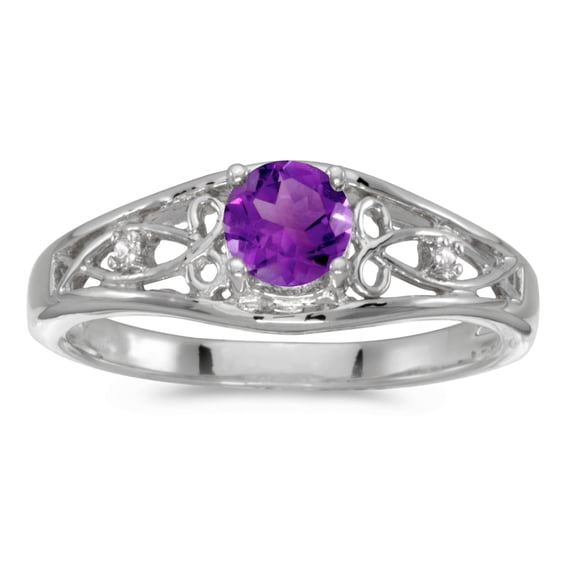 10k White Gold Round Amethyst And Diamond Ring