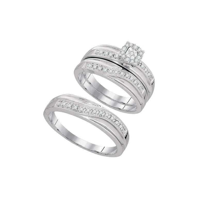 10k White Gold Round Diamond Matching Trio Mens Womens Wedding