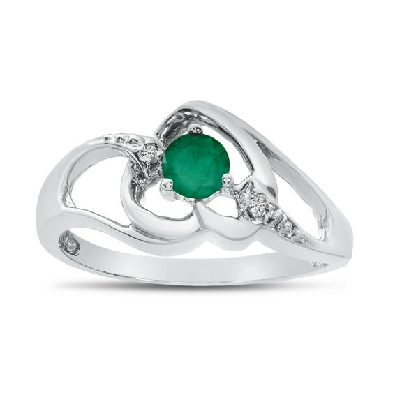 10k White Gold Round Emerald And Diamond Heart Ring