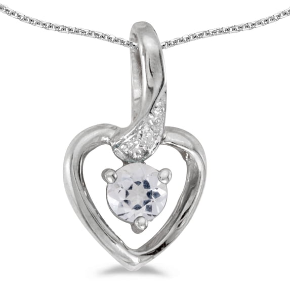 10k White Gold Round White Topaz And Diamond Heart Pendant