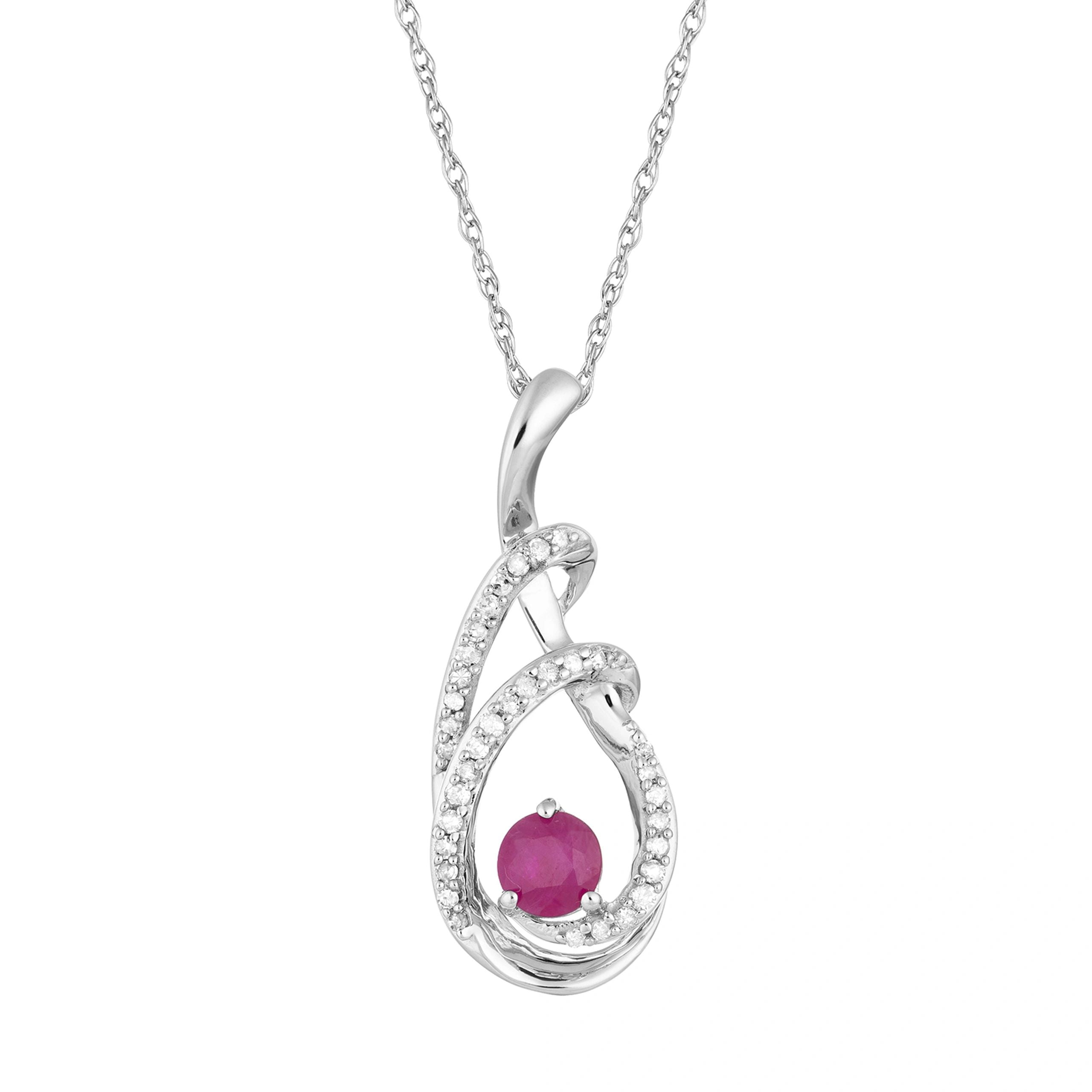 10k White Gold Ruby & 1/8 Carat T.W. Diamond Drop Pendant Necklace