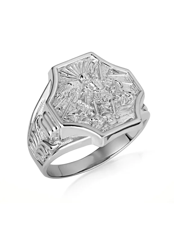 10k White Gold Saint Michael Archangel Crest Signet Ring (Size 10)