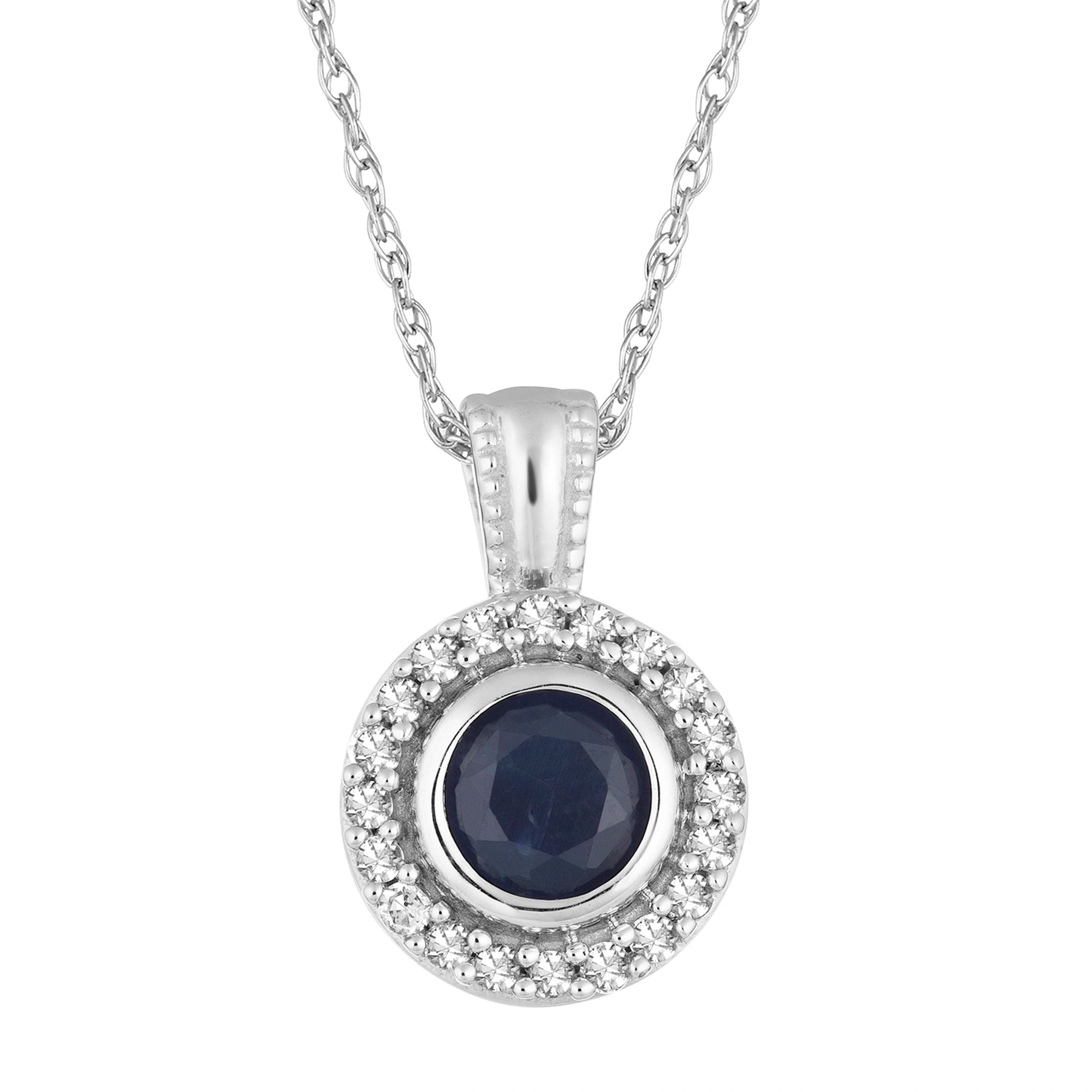 10k White Gold Sapphire & 1/10 Carat T.W. Diamond Halo Pendant Necklace